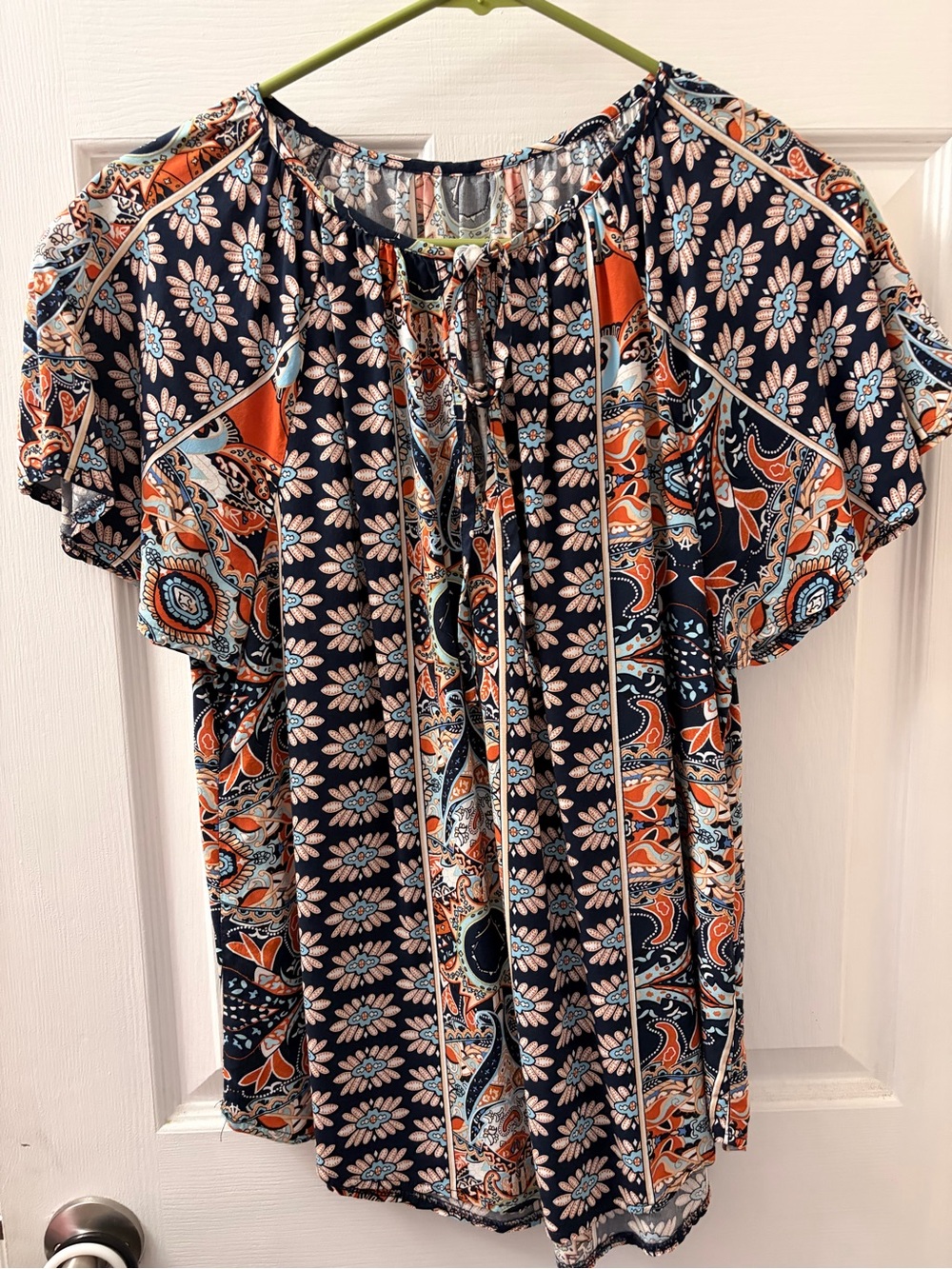 Women's Navy and Orange Paisley Tie-Neck Blouse
